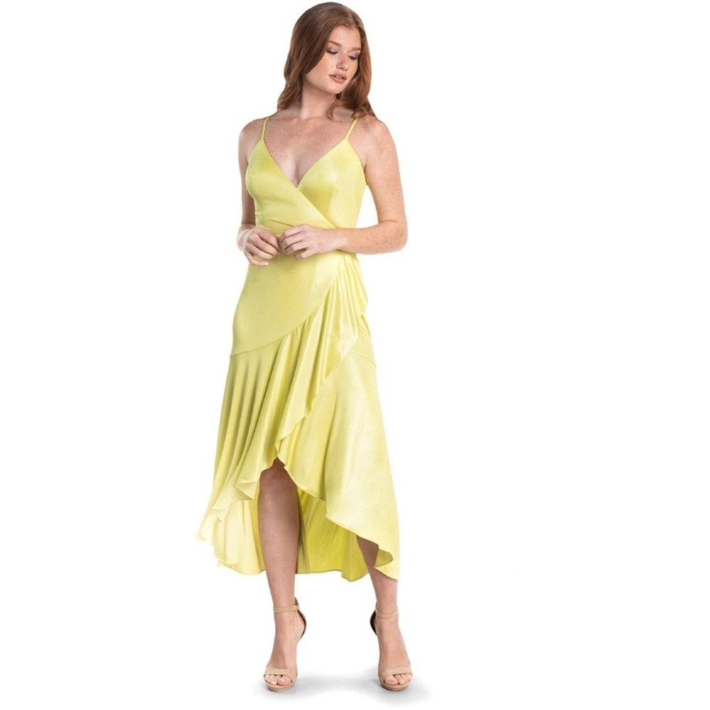 NWT Dress the Population Tea Length Wrap Dress Citron Size XL